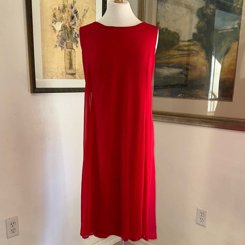 J. Peterman Elegant Red Sleeveless Dress w/ Chiffon Overlay Size 18
